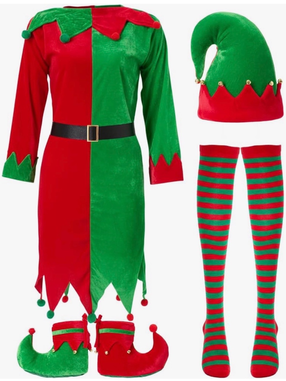 Holiday Elf Costume Dress with Hat & Stockings | For Kids or Adult Small